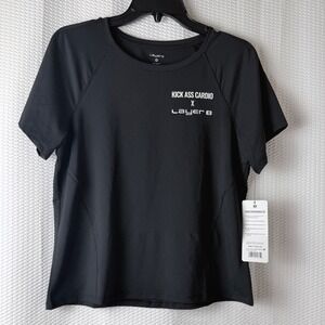 Layer 8 Power Performance Tee Womens Medium‎ Black Graphic Cardio Gym Shirt NEW